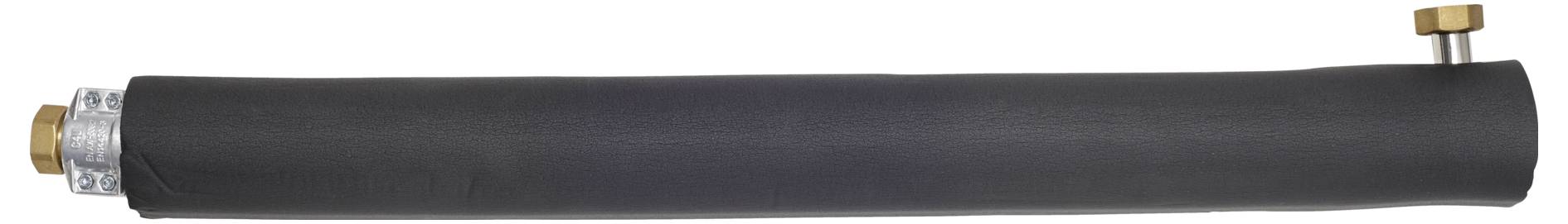 Ein langes, schwarzes zylindrisches Objekt mit metallischen Kappen an beiden Enden und einem Knauf an einem Ende.