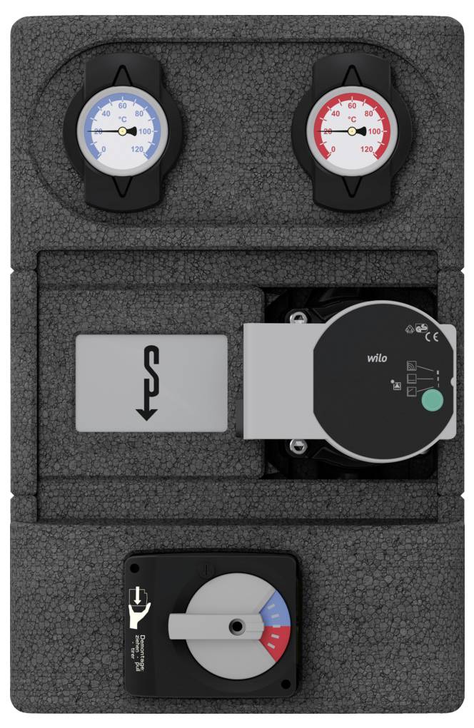 Eine schwarze mechanische Einheit mit zwei Messinstrumenten und einem Bedienfeld, wahrscheinlich ein Heizungssystemkomponent. Die Messinstrumente zeigen Temperaturanzeigen.