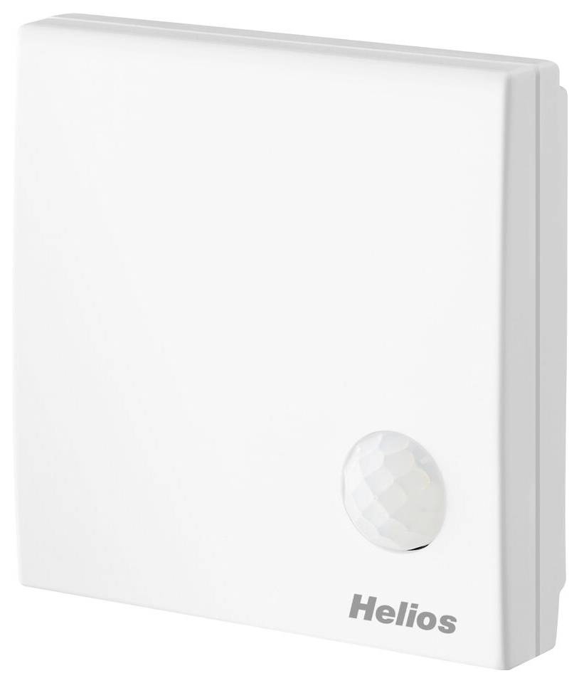 Ein weißer kunststoffgebundener wandmontierter Sensor mit der Marke 'Helios' und einer sechseckig gemusterten Kuppel in der unteren rechten Ecke.