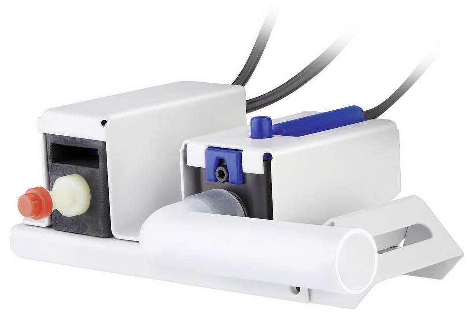 Ein kleines, weißes medizinisches Pumpengerät mit einer rot-weißen Düse und einem blauen Knopf, das zur Flüssigkeitszirkulation oder Druckluftkompression verwendet wird.