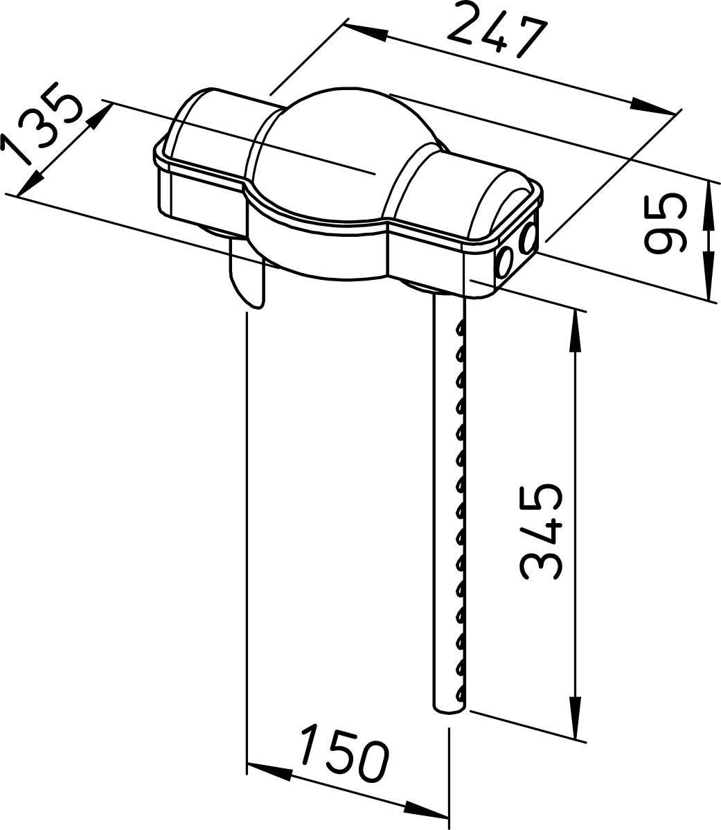 Maßstabzeichnung einer Toilettenbehälter-Spülventilbaugruppe mit einer Gesamtgröße von 247 x 135 x 95 mm und einem 345 mm hohen vertikalen Auslass mit 150 mm Abstand.
