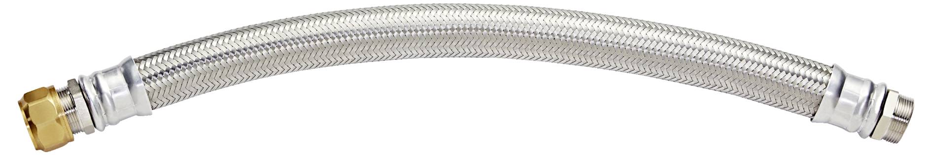 Ein flexibler, metallisch geflochtener Schlauch mit Messingarmaturen an beiden Enden, leicht gebogen, verwendet für Rohrleitungen und zum Verbinden von Wasserleitungen.