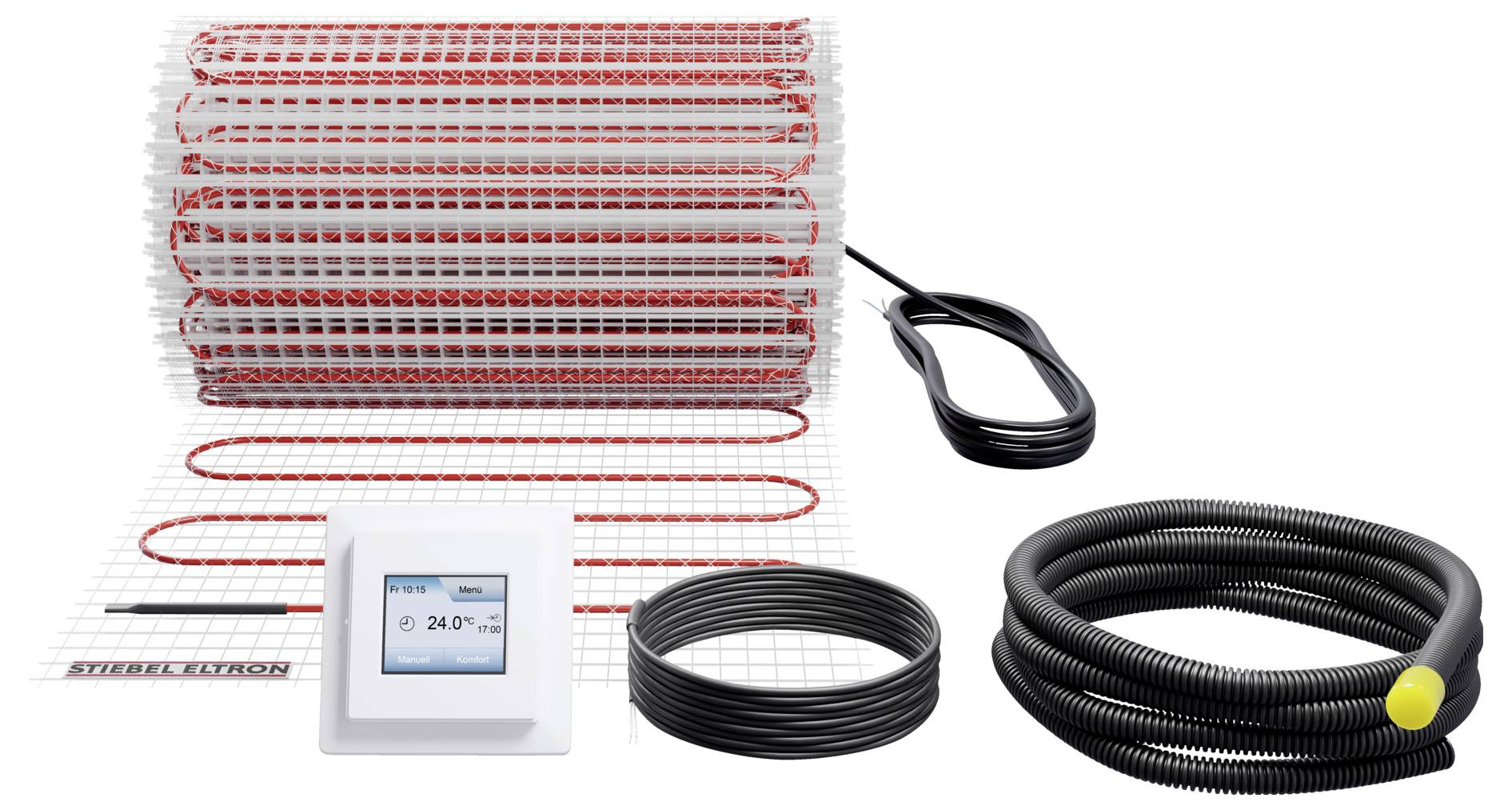 Fußbodenheizungssystem mit einer aufgerollten Heizmatte, digitalem Thermostat mit Anzeige „24,0°C