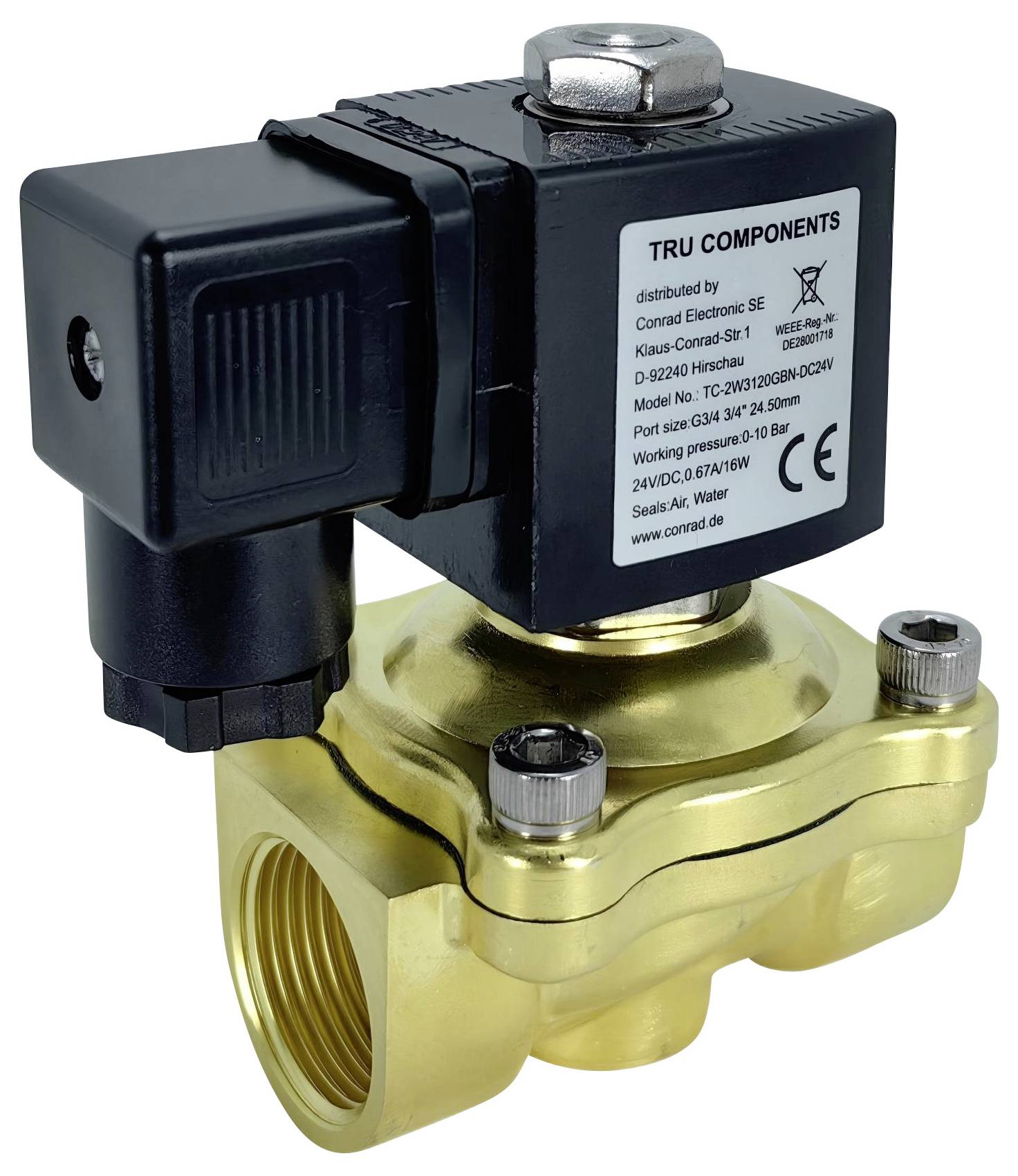 Magnetventil mit Messinggehäuse und schwarzem Aktor, auf dessen Oberseite das Etikett mit Spezifikationen und Herstellerdetails zu sehen ist.