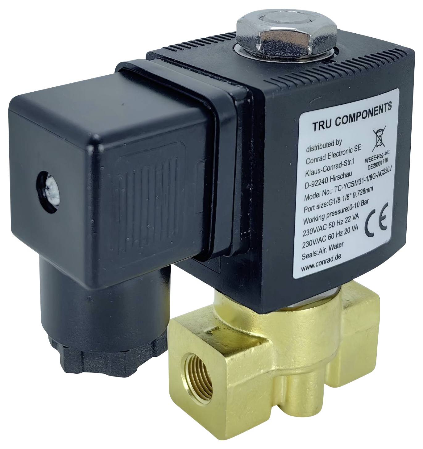 Ein schwarzes und messingfarbenes Magnetventil mit elektrischen Komponenten. Das Etikett auf dem Gerät enthält technische Spezifikationen und Modelldetails.