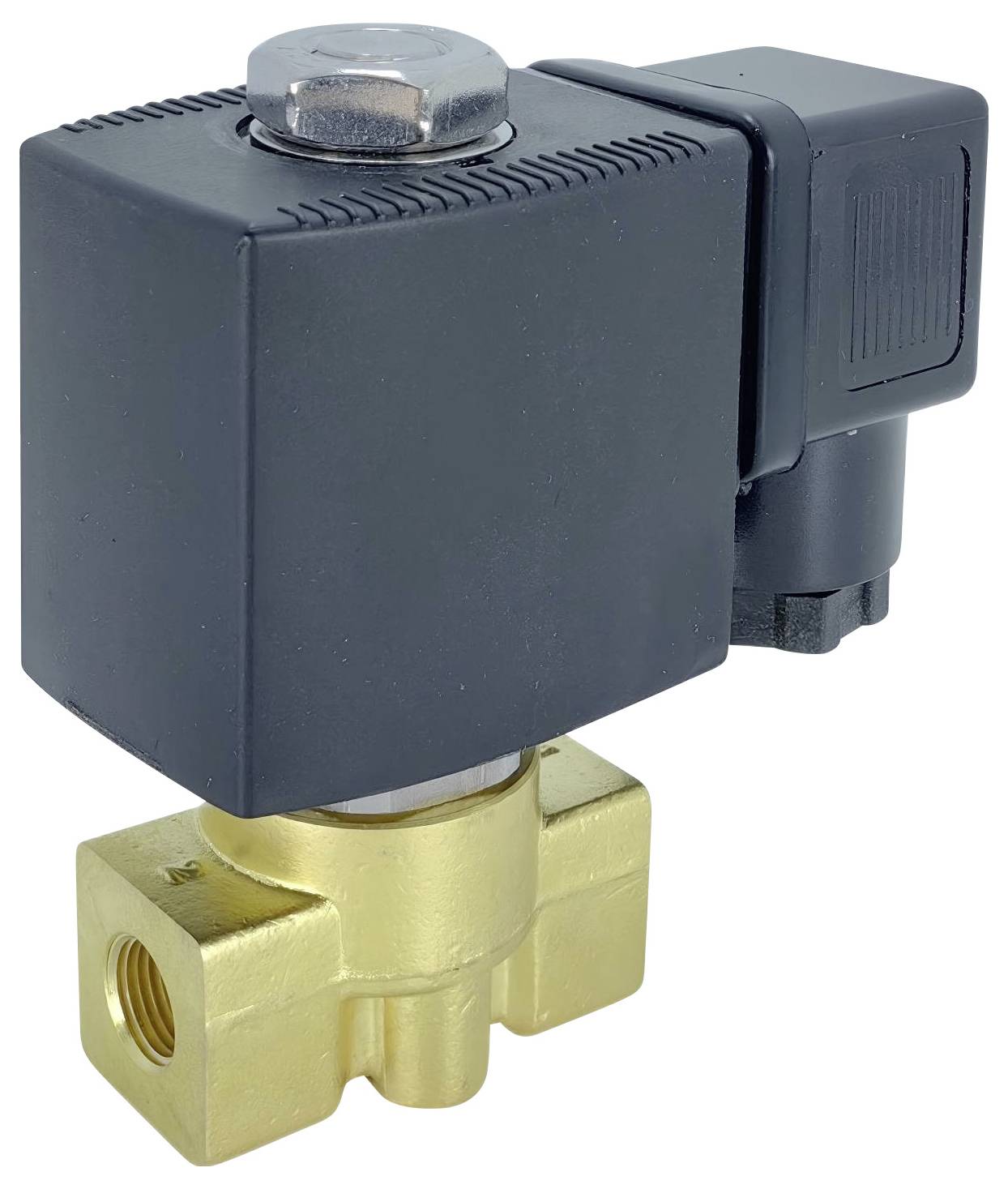 Ein schwarzes und messingfarbenes Magnetventil mit elektrischem Anschluss, verwendet zur Steuerung des Durchflusses von Flüssigkeiten oder Gasen in einer Rohrleitung.