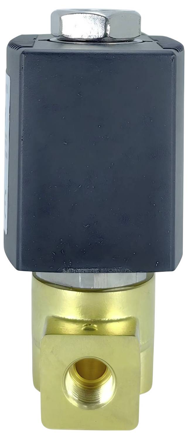 Ein Magnetventil mit schwarzem rechteckigem Deckel und Messinggehäuse, das zur Steuerung von Flüssigkeitsströmen in verschiedenen Anwendungsbereichen verwendet wird.