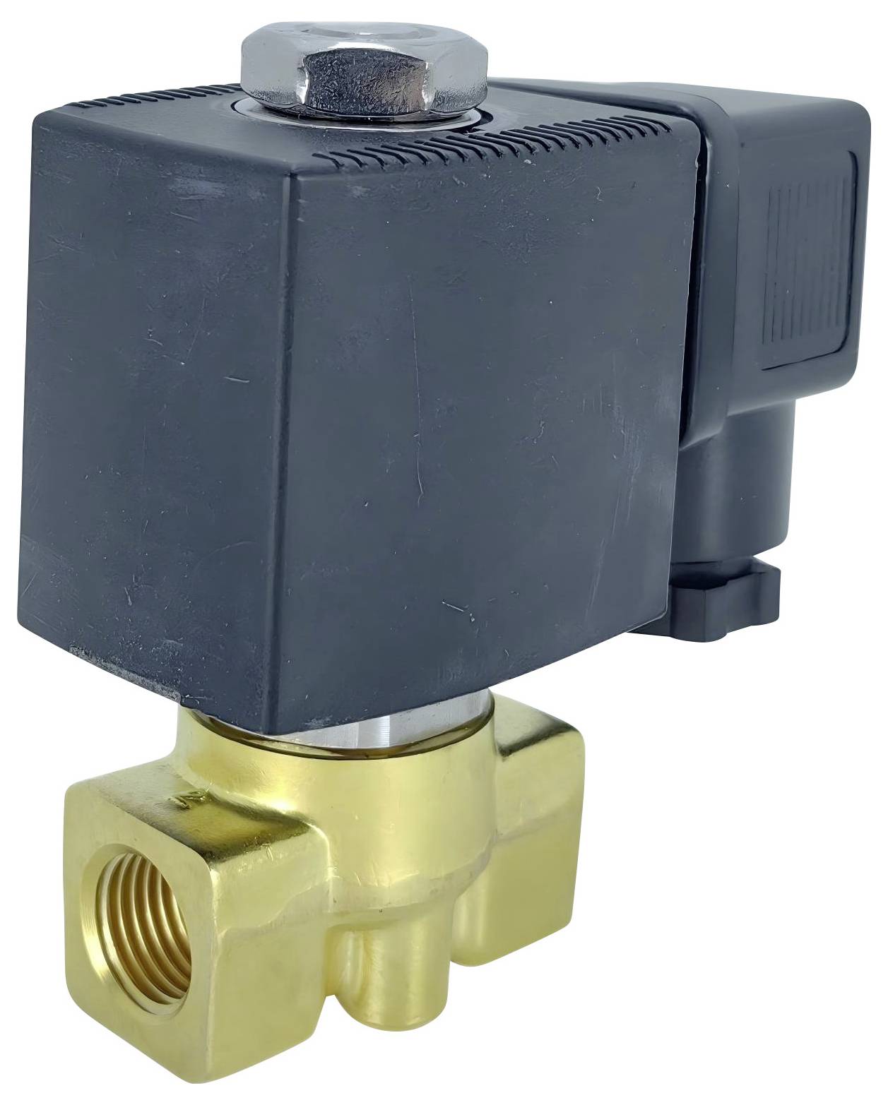 Ein Magnetventil aus Metall mit schwarzer Kunststoffabdeckung, Messingkörper und elektrischem Anschluss an der Seite, verwendet zur Steuerung des Flüssigkeitsflusses.