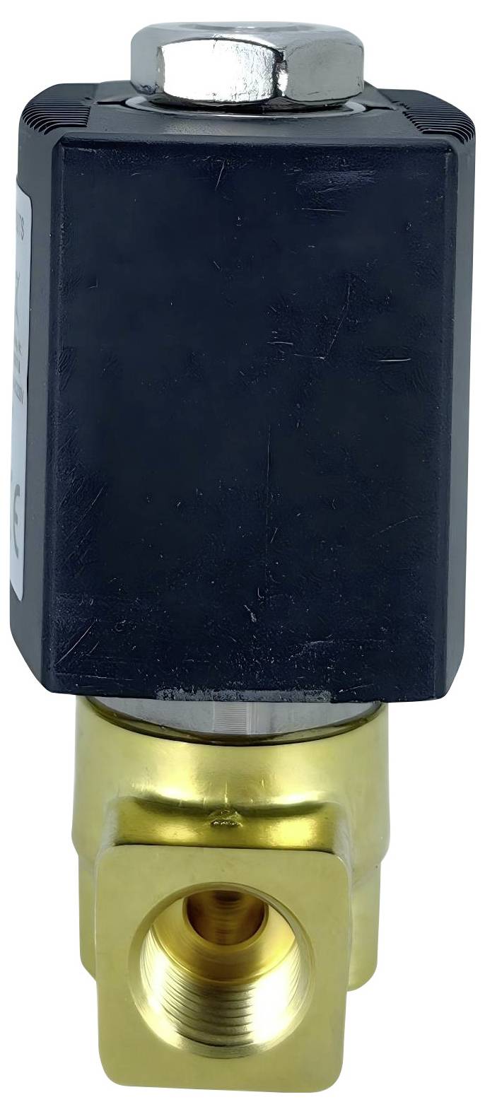 Ein Magnetventil aus Messing und Schwarz mit Gewindeeinlass, das typischerweise zur Steuerung des Flüssigkeitsflusses in Rohrleitungssystemen verwendet wird.