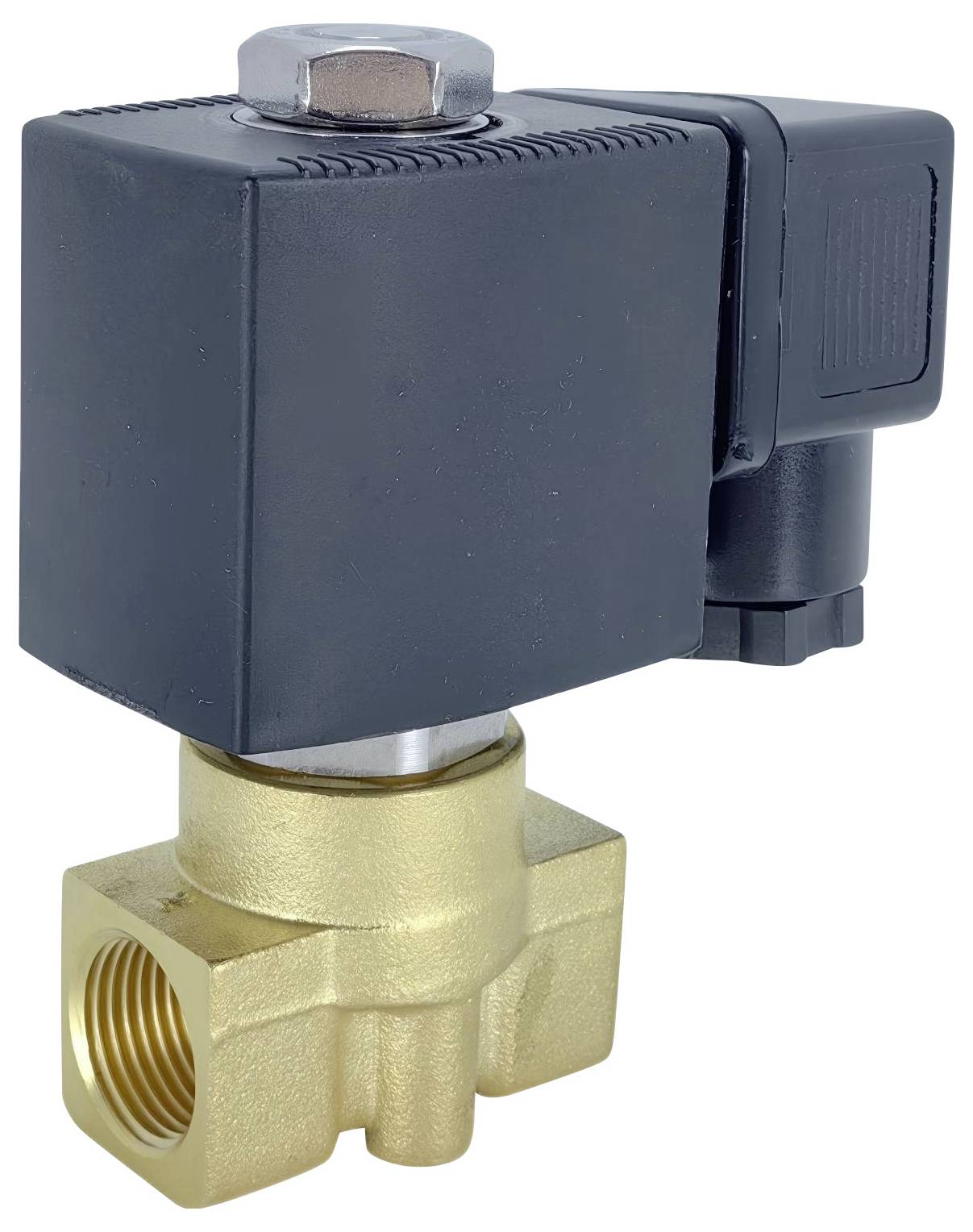 Ein Messing-Magnetventil mit schwarzem elektronischem Aktuator wird zur Steuerung des Fluidflusses eingesetzt und verfügt über Gewindeverbindungen an der Basis.