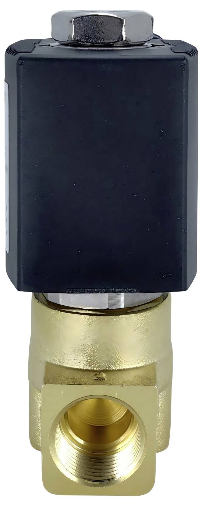 Ein Magnetventil aus Messing und Schwarz mit Gewindeverschraubungen, verwendet zur Steuerung des Flusses von Flüssigkeiten oder Gasen in Rohrleitungssystemen.