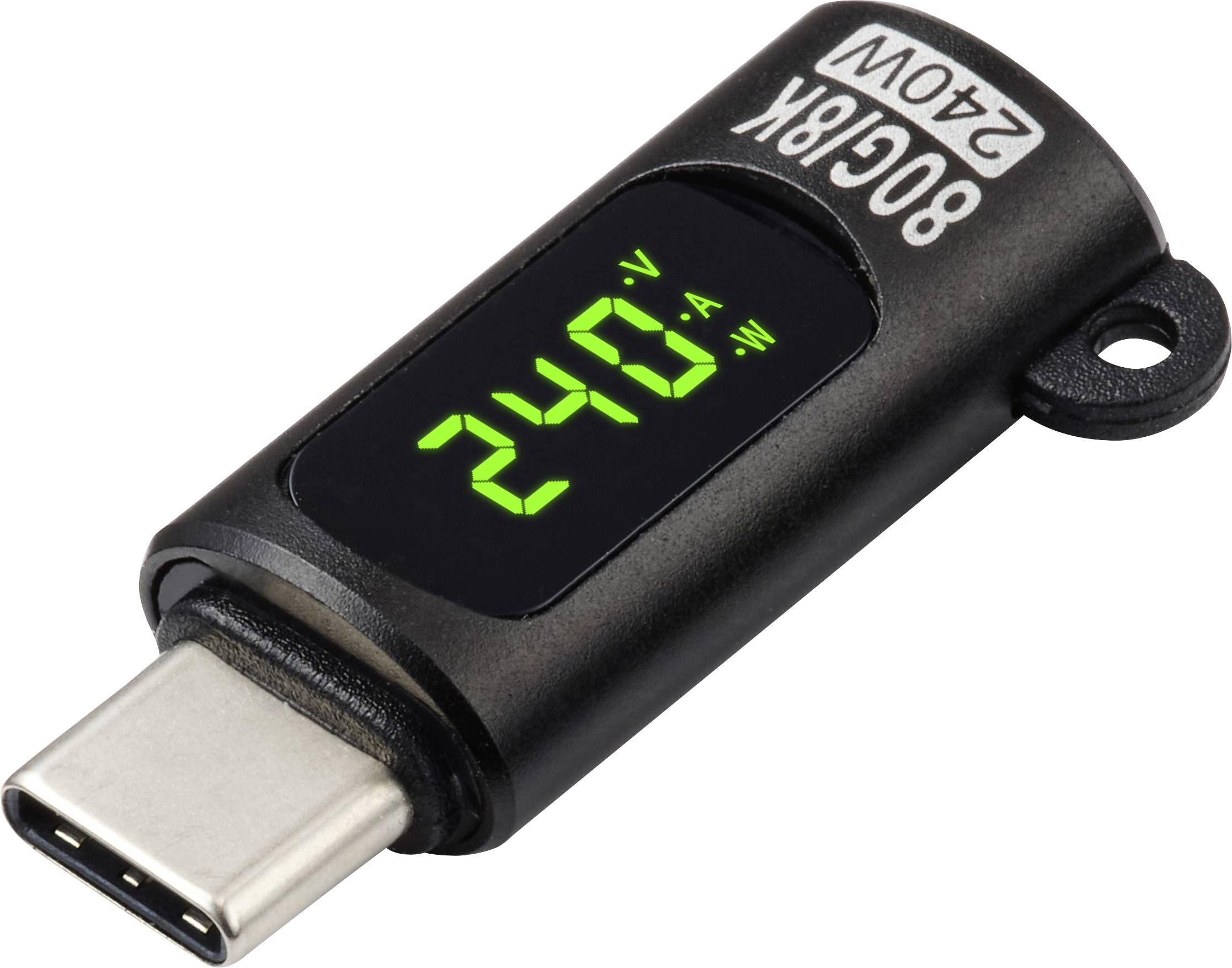 „USB-C-Strommessgerät zeigt 240 Volt auf einem digitalen Display an und gibt damit die Spannungsstufe zur Überwachung der elektrischen Leistung an.