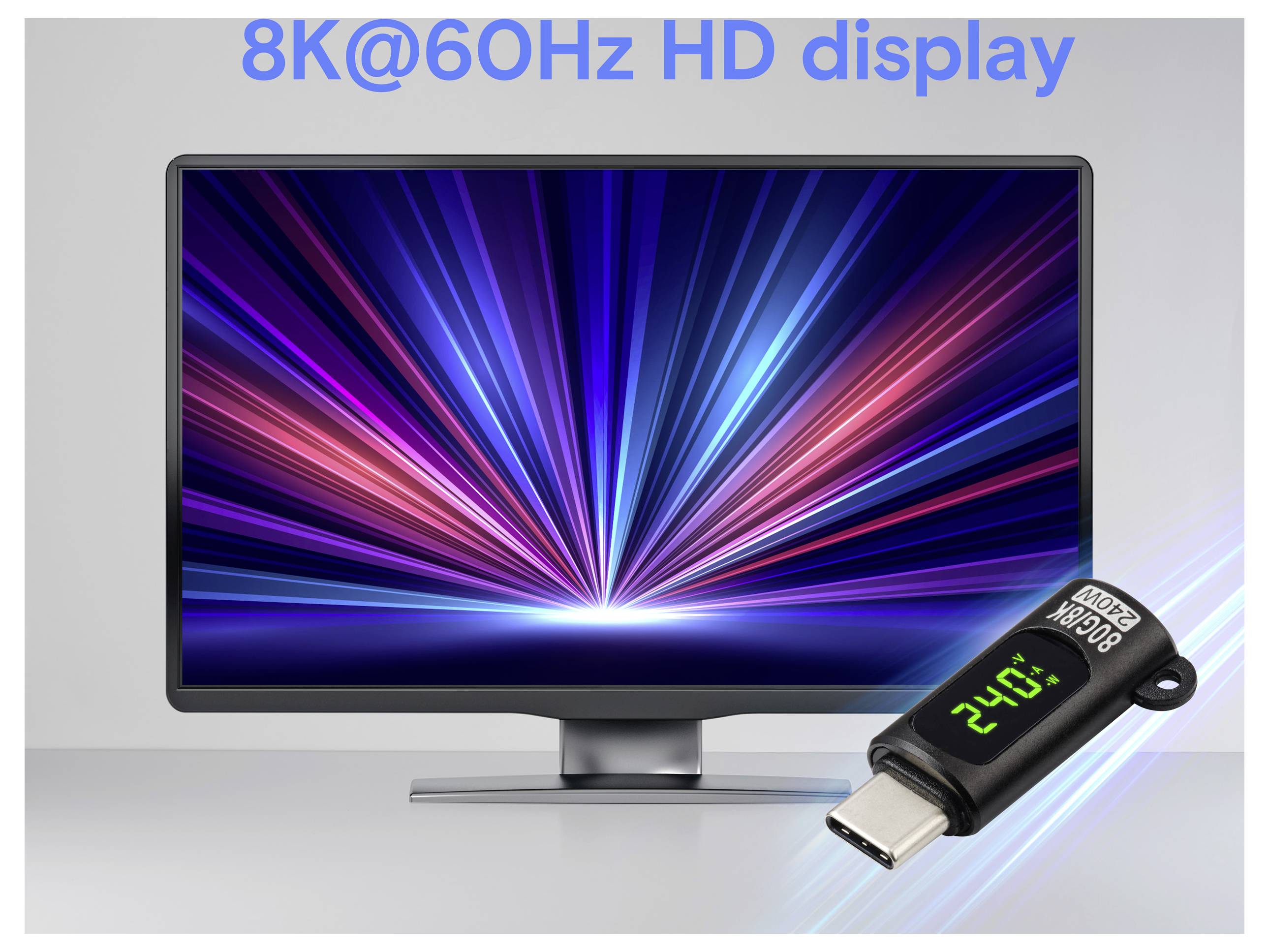 Ein Computermonitor zeigt lebhafte radiale Lichtmuster mit dem Text „8K@60Hz HD-Display