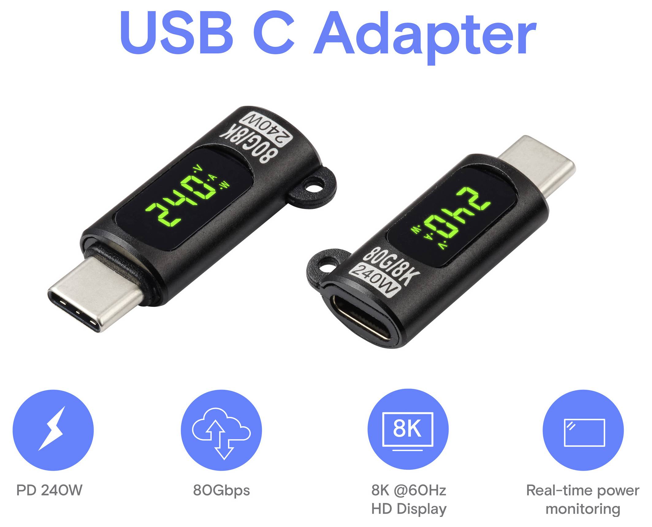 „USB-C-Adapter: Zwei Adapter zeigen auf den Bildschirmen „240V