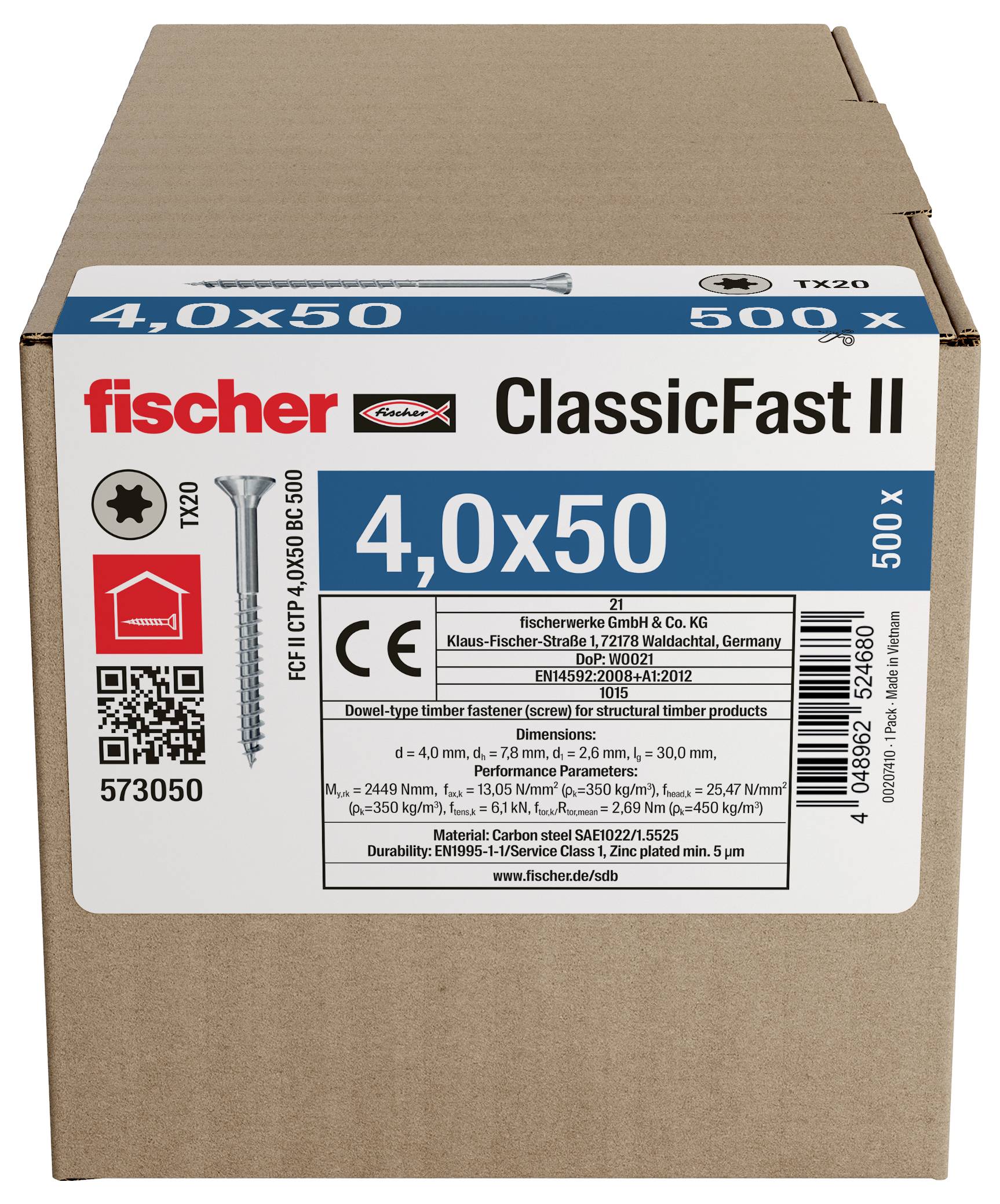 Schachtel mit Fischer ClassicFast II Schrauben, beschriftet mit 4,0x50 und 500 Stück, mit Produktcode 573050 und QR-Code auf der Vorderseite.