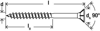 Diagramm einer Senkkopfschraube mit beschrifteten Abmessungen: Gesamtlänge l, Schaftlänge lg, Kopfdurchmesser dh und Durchmesser d, mit einem 90°-Senkung.