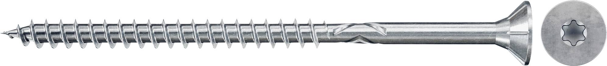 Eine Metallsenkkopfschraube mit Kreuzschlitz-Antrieb, horizontal dargestellt, mit einer separaten Nahaufnahme des Schraubenkopfes auf der rechten Seite.