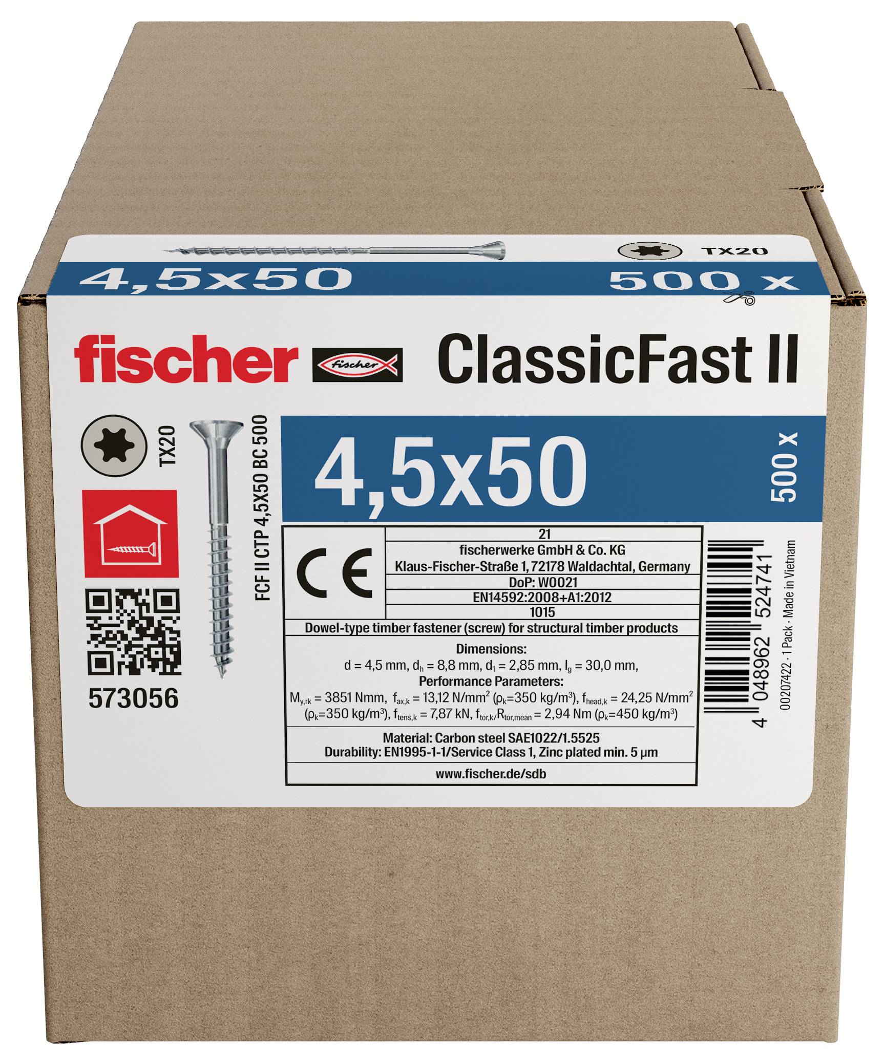 Pappkarton mit fischer ClassicFast II Holzschrauben, beschriftet 4,5x50, 500 Stück, mit Produktcode 573056.