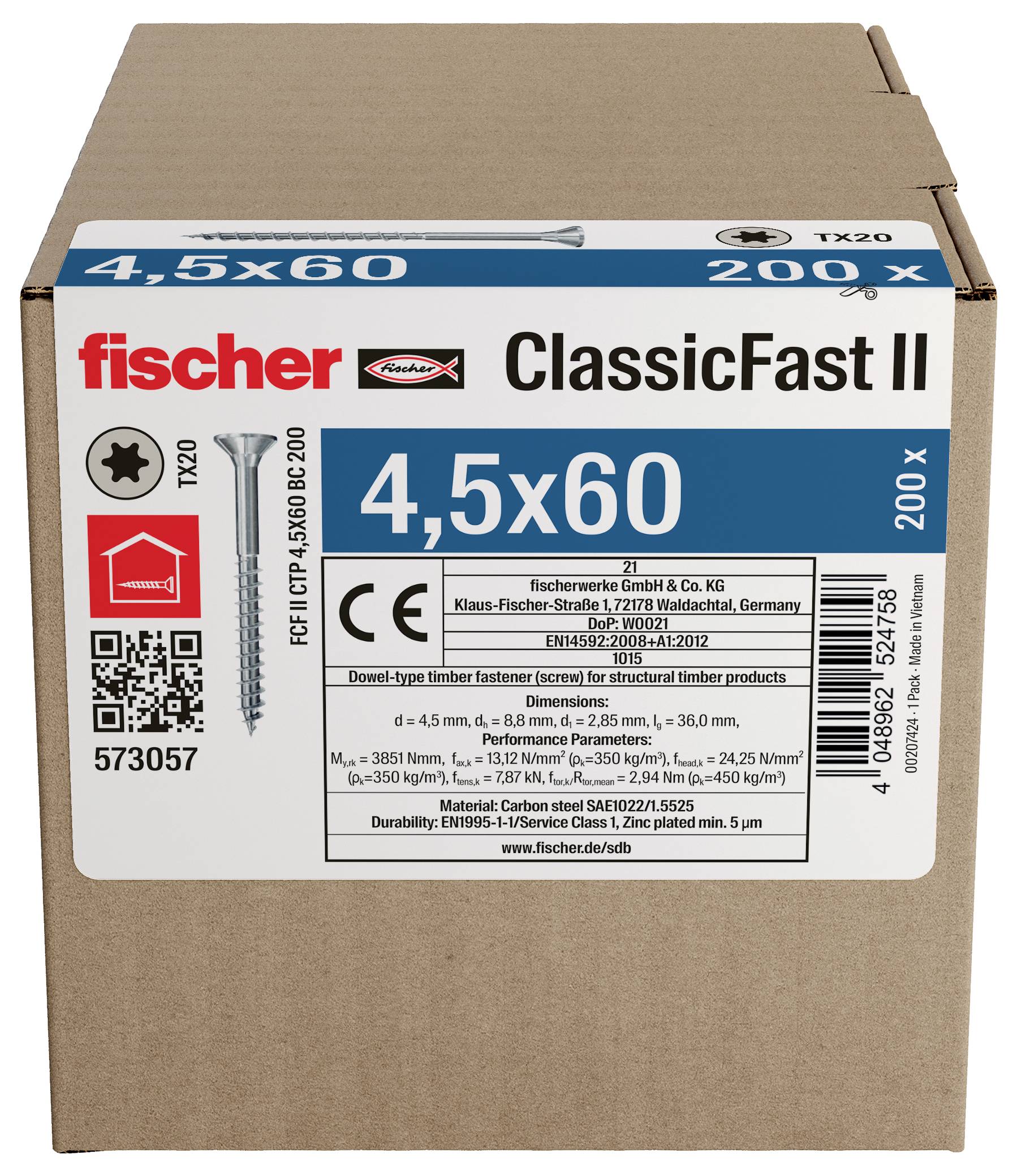 Schachtel fischer ClassicFast II TX20 Schrauben, 4,5 x 60 mm, 200er Packung, auf gekennzeichneter Verpackung dargestellt.