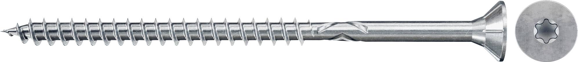 Silberne Senkkopfschraube in Seitenansicht mit separater Nahaufnahme ihres sternförmigen Kopfes.