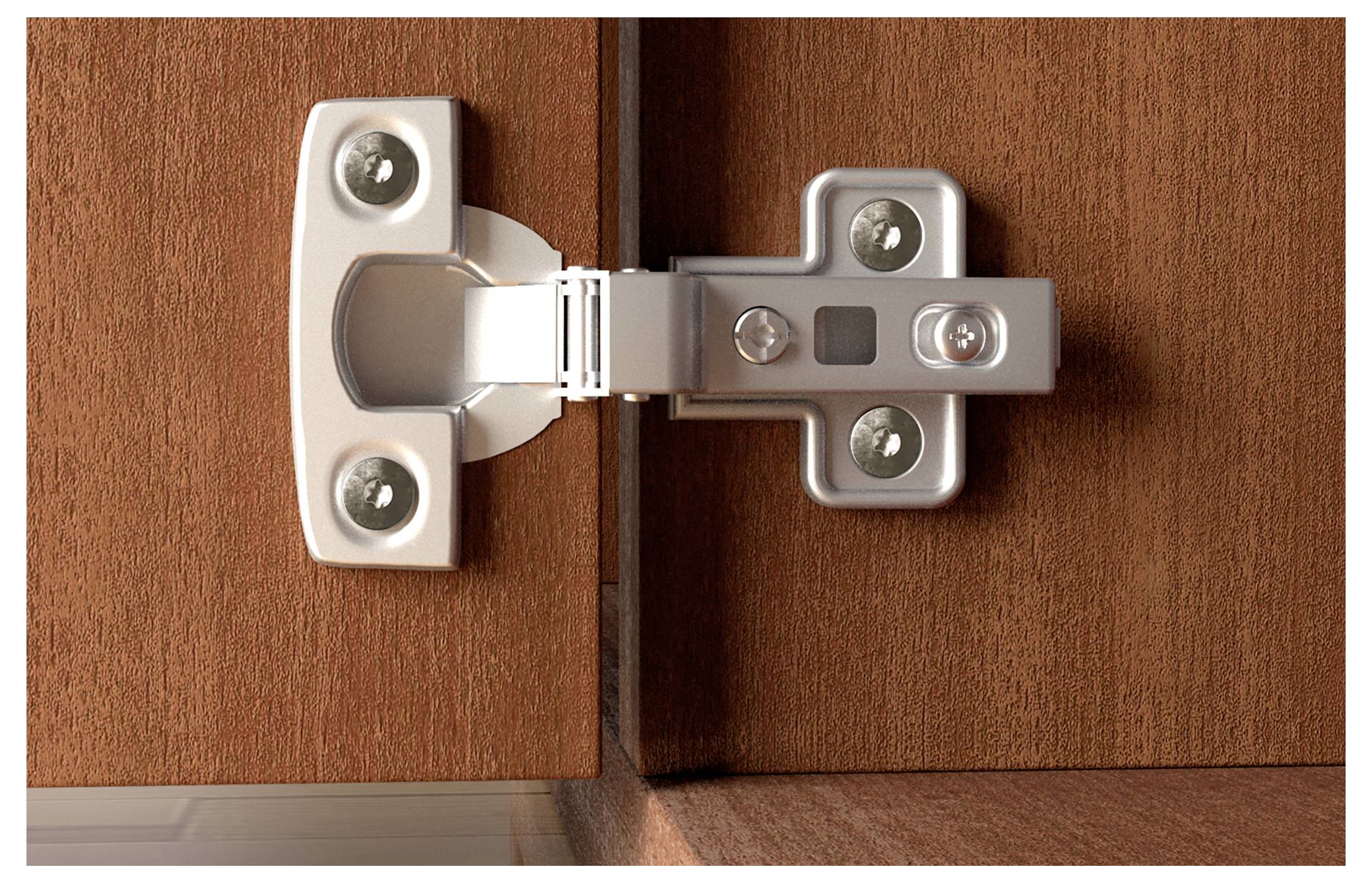 Nahaufnahme eines verdeckten Scharniers an einer Schranktur, das zwei Holzpaneele verbindet, zeigt den Hardware-Mechanismus auf einer Holzoberfläche.