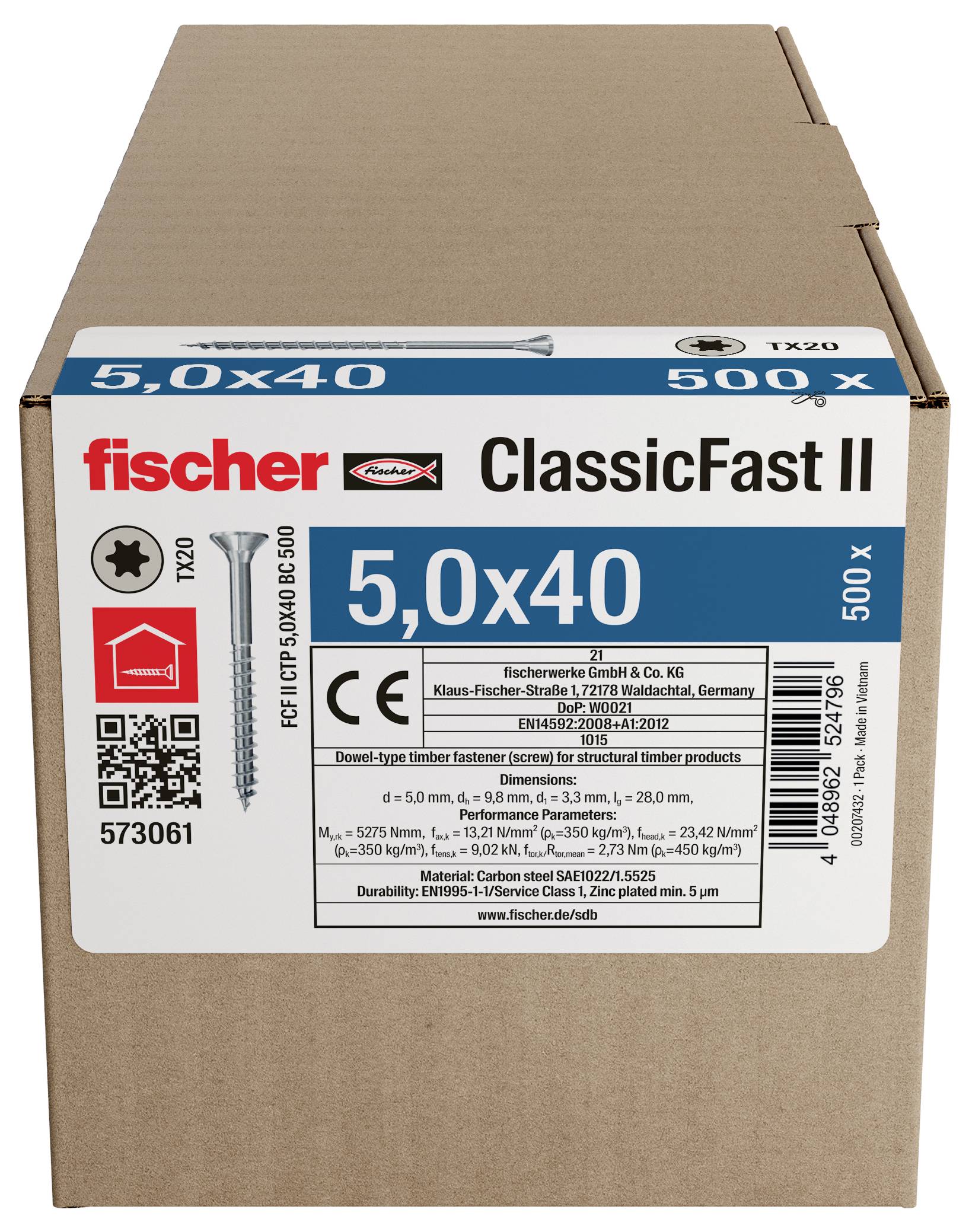 Karton mit fischer ClassicFast II Schrauben, beschriftet mit 5,0x40 und 500 Stück.