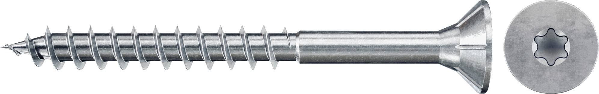 Eine silberne Holzschraube mit Flachkopf, gezeigt in der Seitenansicht, mit einer separaten Draufsicht des sternförmigen Antriebskopfs.