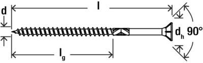 Diagramm einer Schraube mit gekennzeichneten Abmessungen d, l, lg und dh mit einem 90°-Senkwinkel des Kopfes.