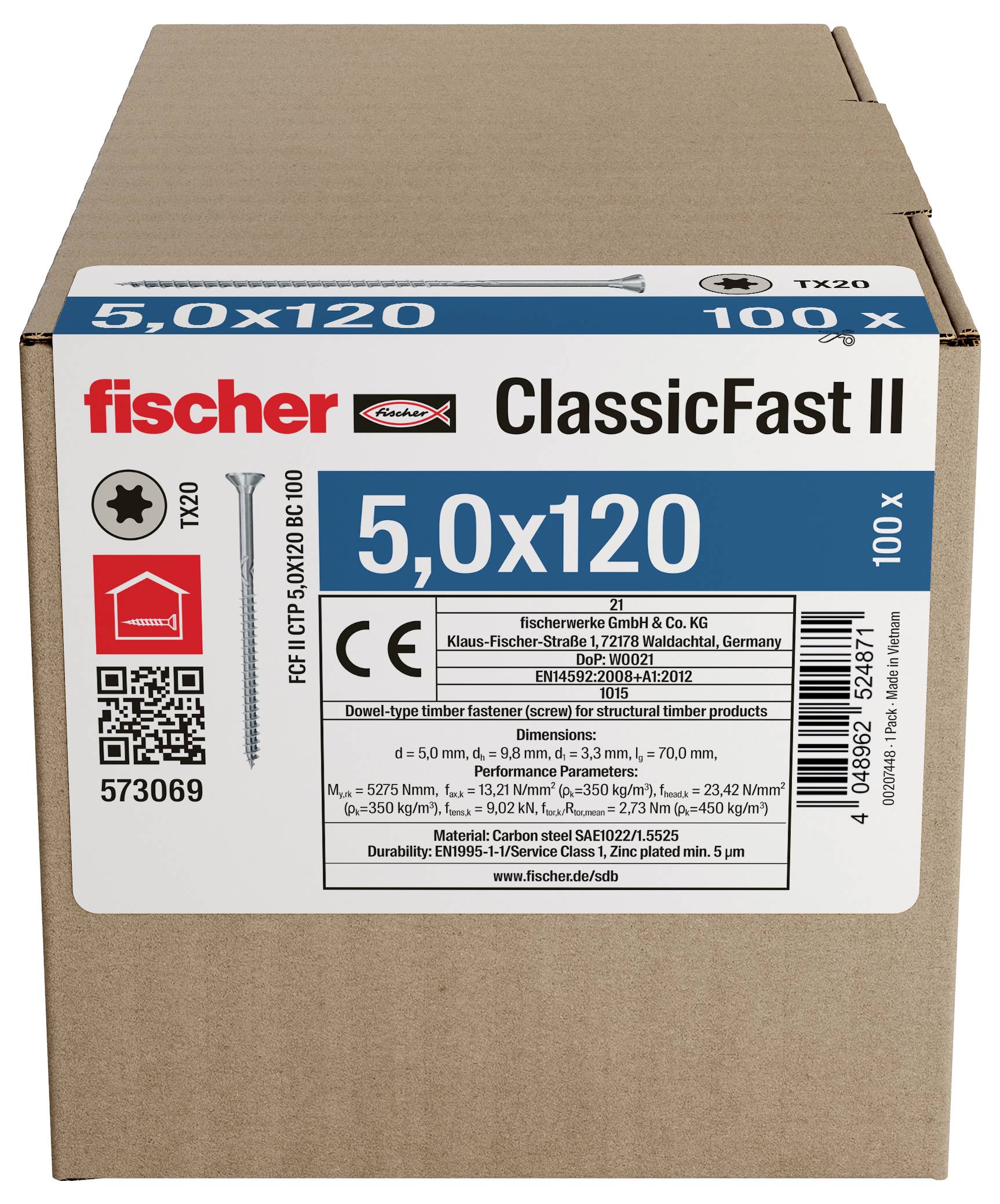 Karton Fischer ClassicFast II Schrauben, beschriftet mit „5,0x120