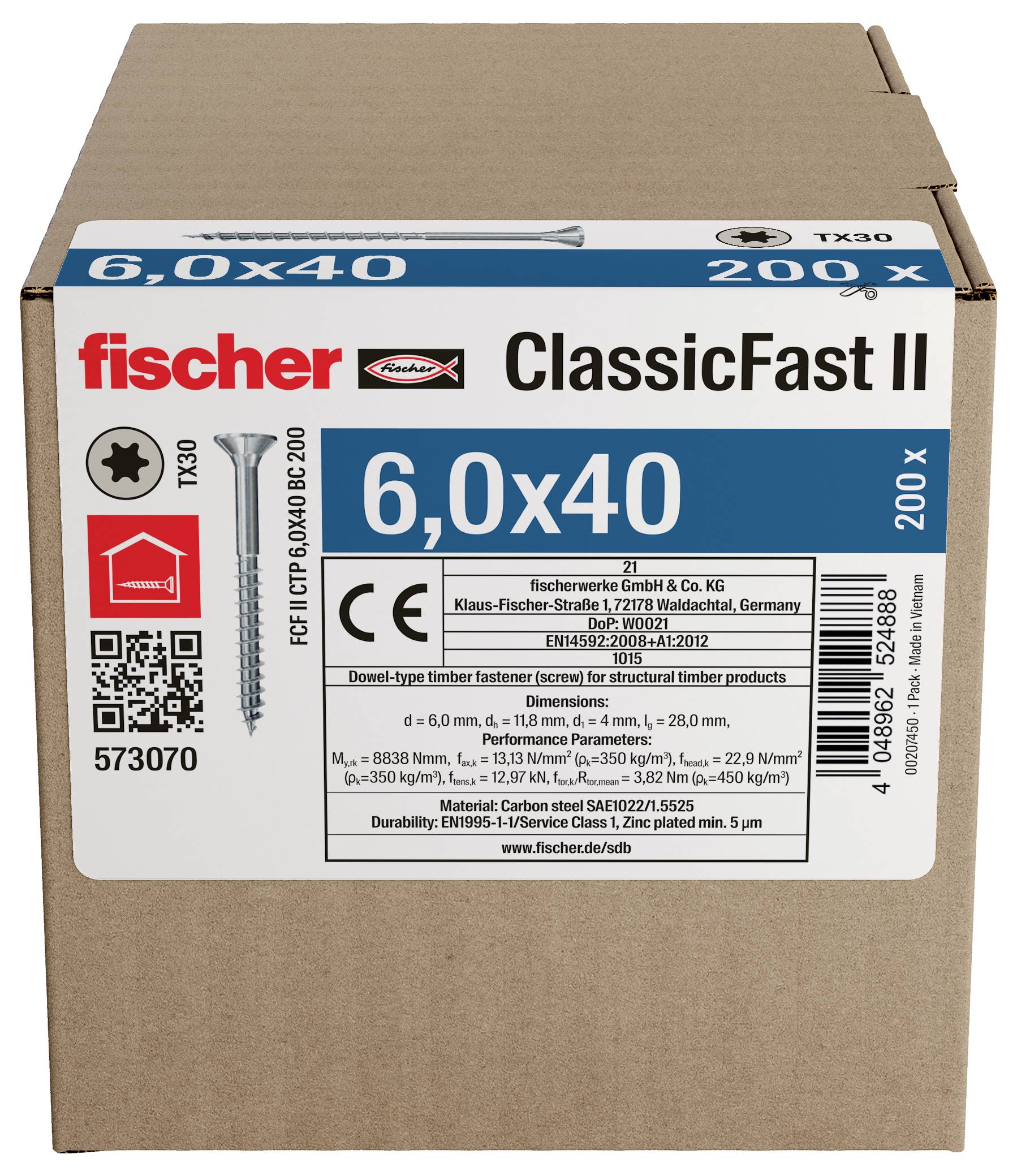 Kartonschachtel mit fischer ClassicFast II 6,0x40 Holzschrauben, 200er Packung, gezeigt mit Produktetikett und Schraubenbild.