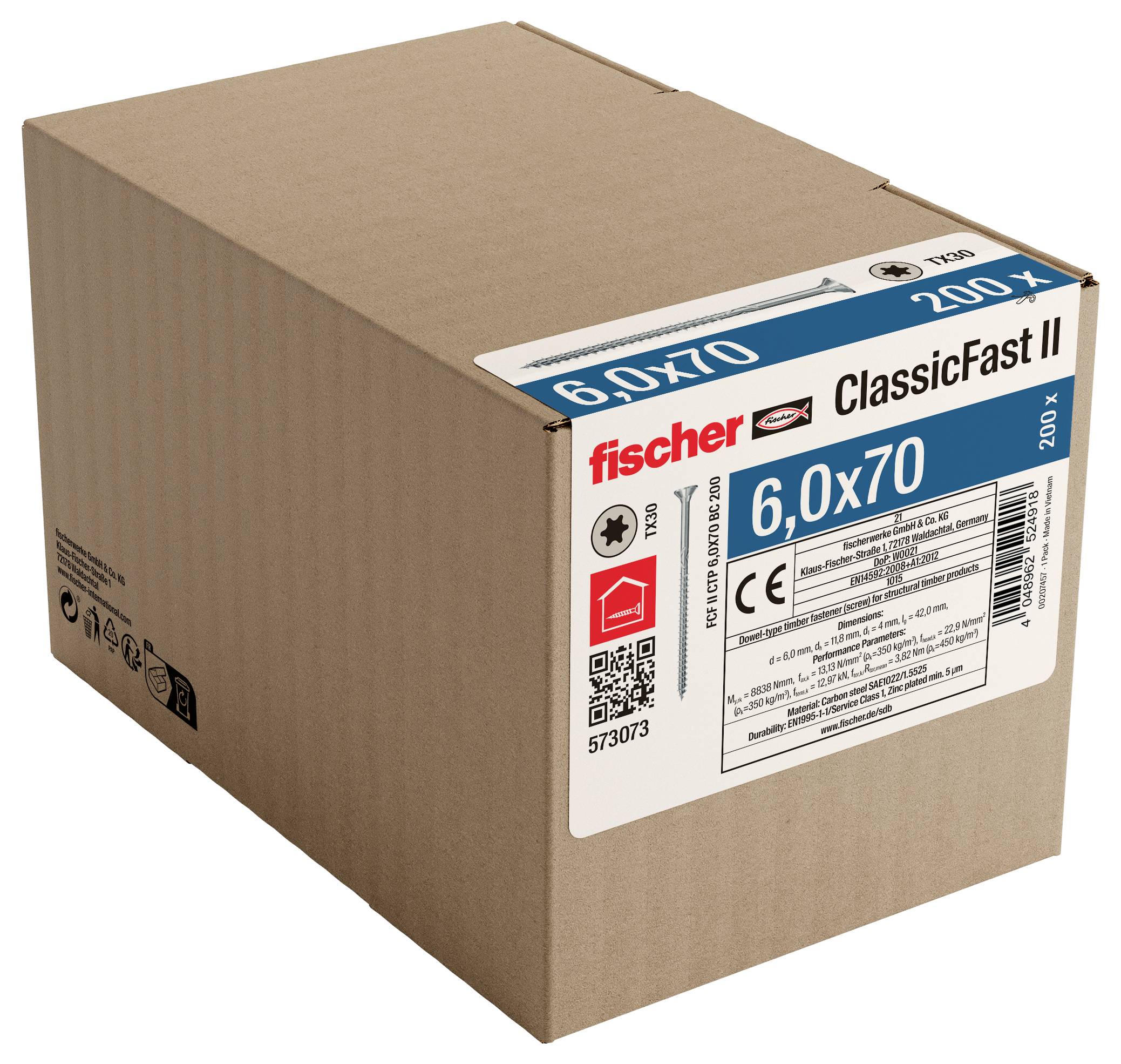 Kartonschachtel mit Fischer Classicfast II Schrauben, beschriftet mit 6,0x70 und 200 Stück.