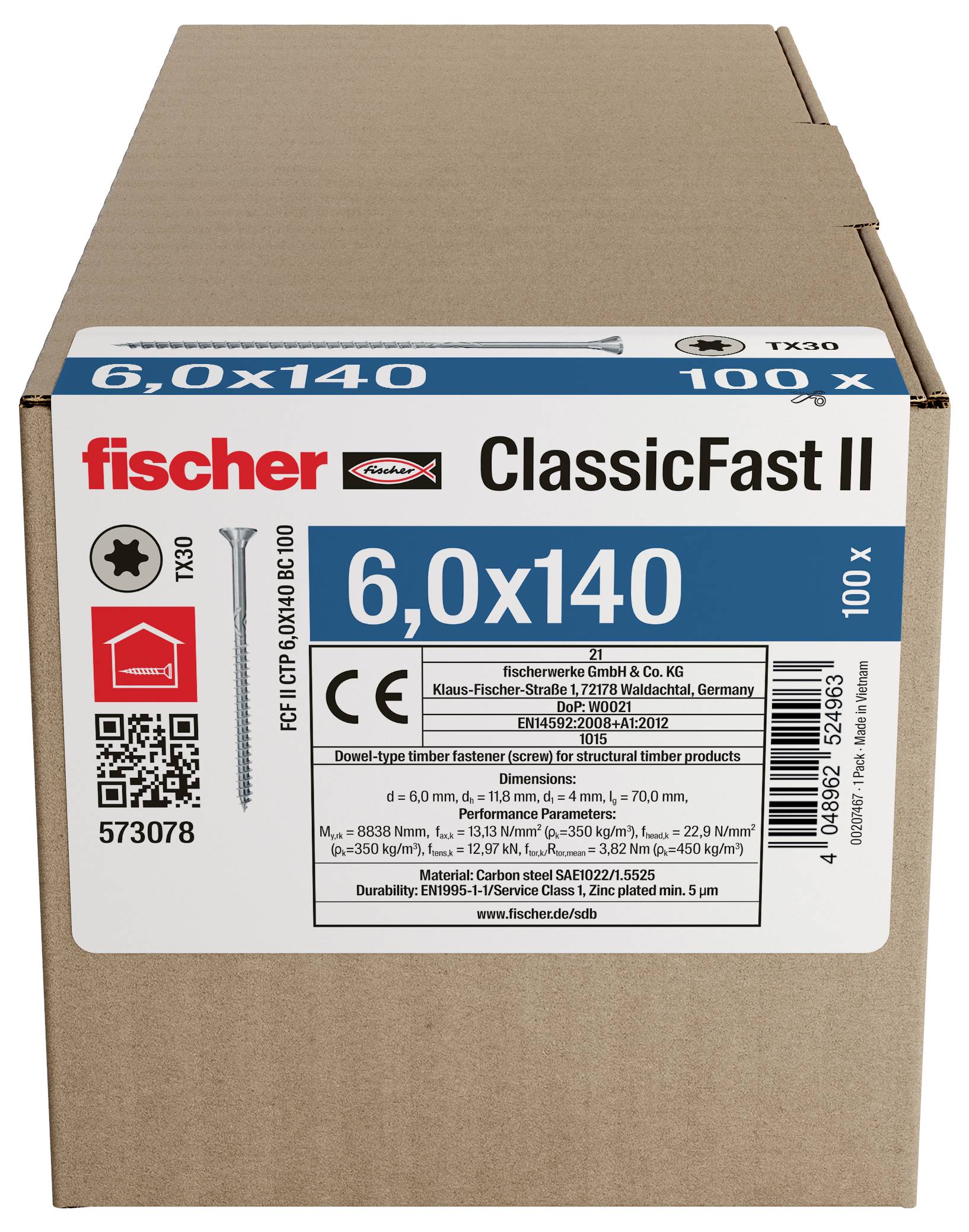 Kartonbox mit der Bezeichnung fischer ClassicFast II 6.0x140, 100x, mit Produkt- und technischen Informationen auf der Vorderseite gedruckt.