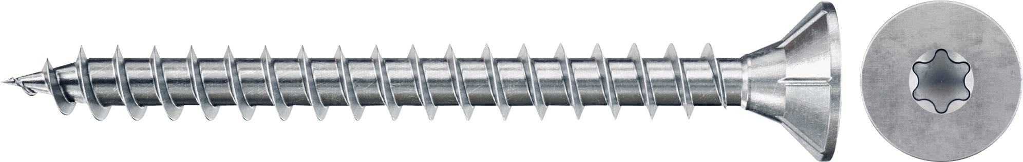 Eine Metallschraube mit einer sternförmigen Vertiefung im Kopf, dargestellt in Seitenansicht mit einer Draufsicht des Kopfes daneben.