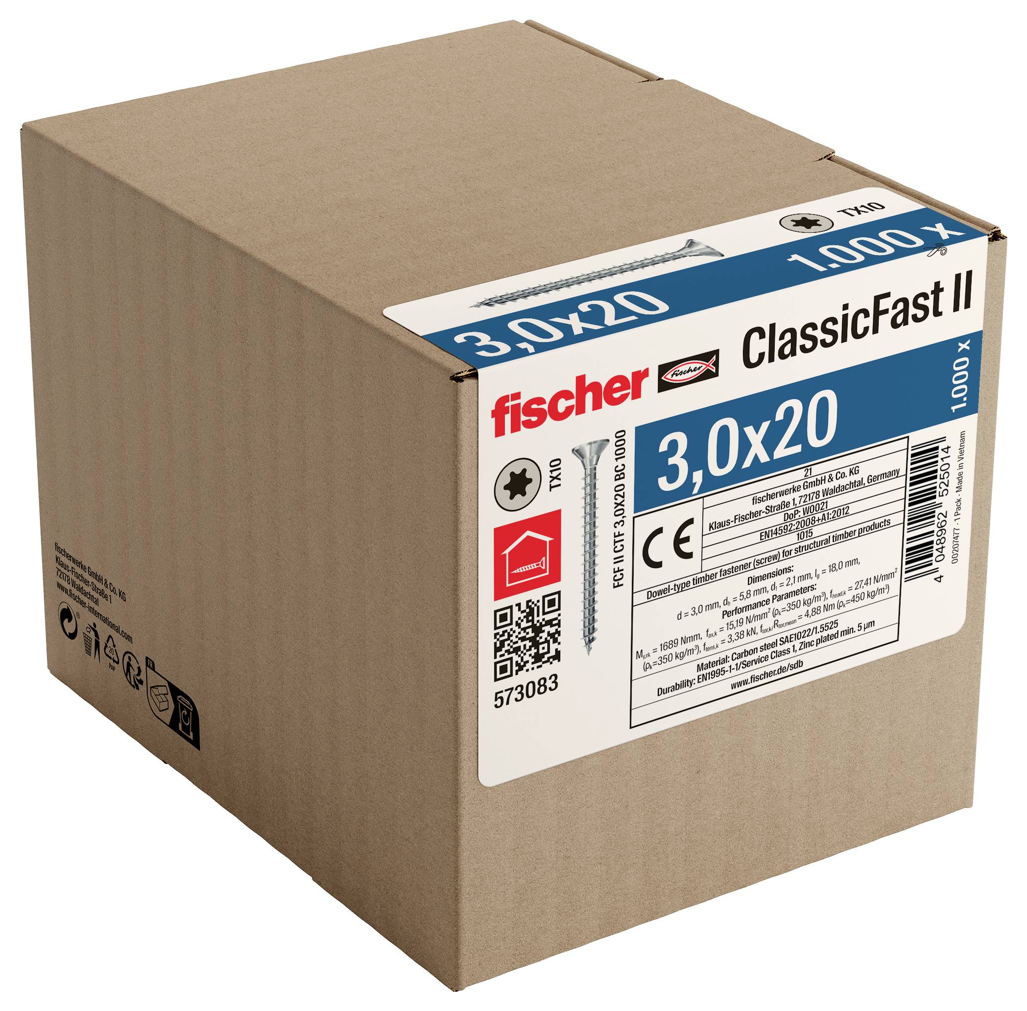 Pappschachtel mit fischer ClassicFast II Schrauben, beschriftet mit 3,0x20 und 1000x, auf weißem Hintergrund gezeigt.