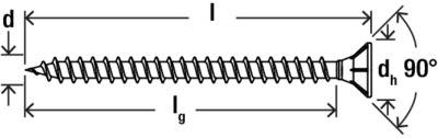 Diagramm einer Schraube mit gekennzeichneten Abmessungen: Gesamtlänge l, Schaftlänge lg, Kopfdurchmesser dh und ein 90°-Versenkwinkel des Kopfes.