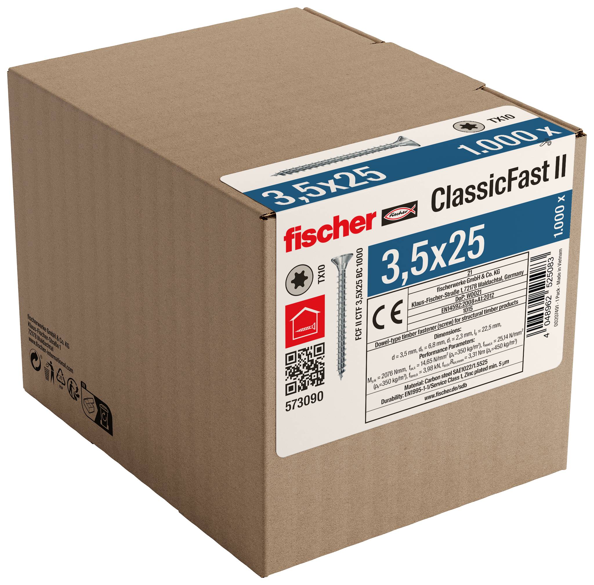 Karton mit Fischer ClassicFast II 3,5x25 Schrauben, beschriftet mit „1.000 x
