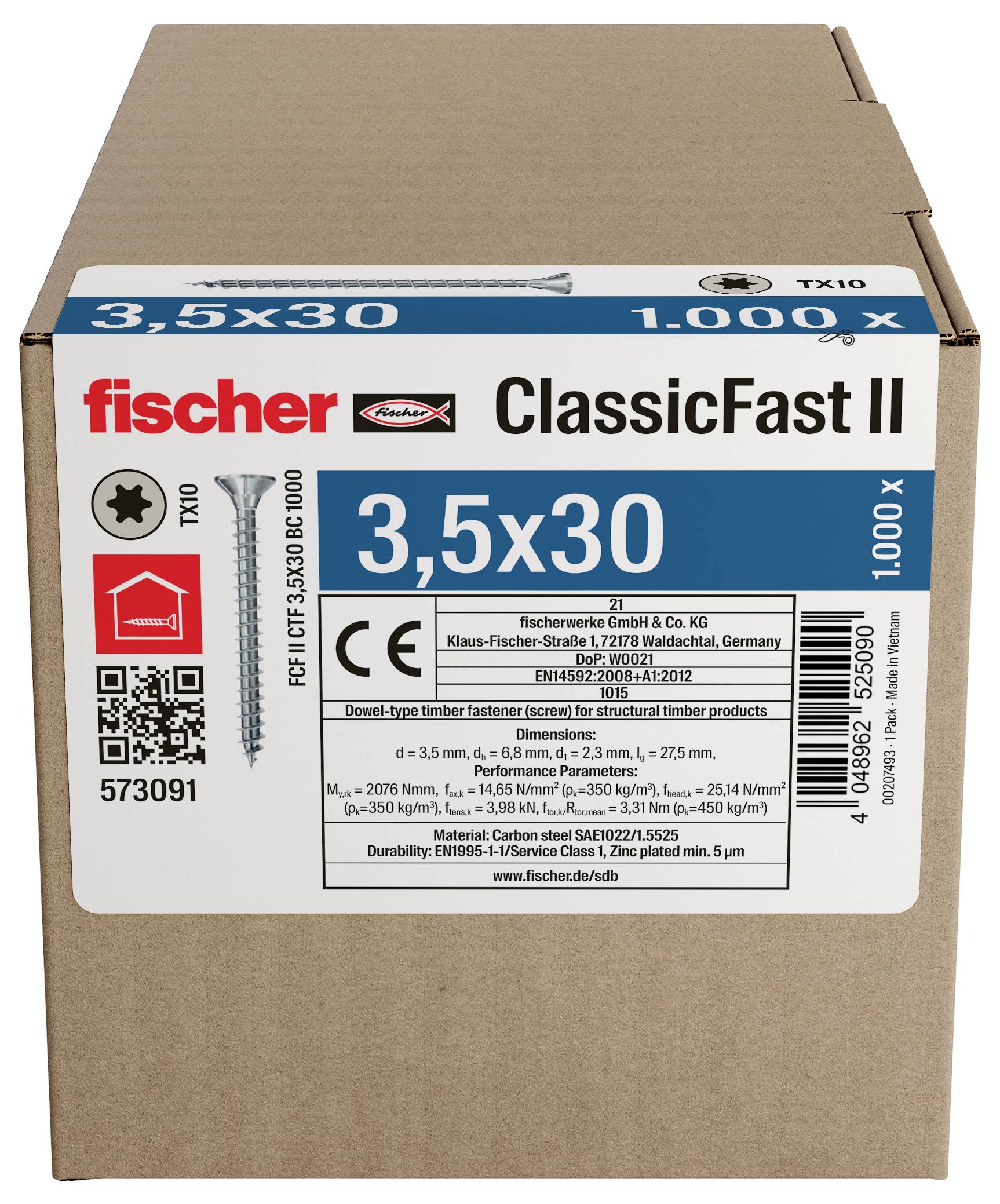 Karton mit Fischer ClassicFast II Schrauben, gekennzeichnet mit 3,5x30 und 1.000 Stück, mit Produkt- und Barcodeinformationen auf der Vorderseite.