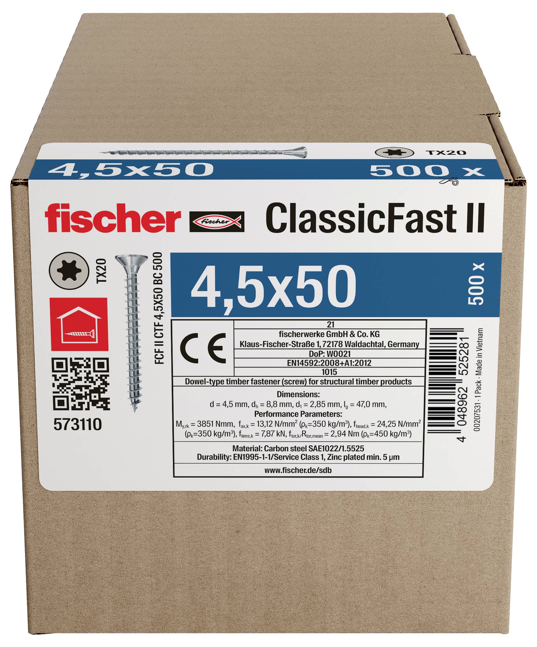 Pappkarton mit Fischer ClassicFast II TX20 Holzschrauben, Größe 4,5x50, 500er-Packung, mit Produktetikett und QR-Code.