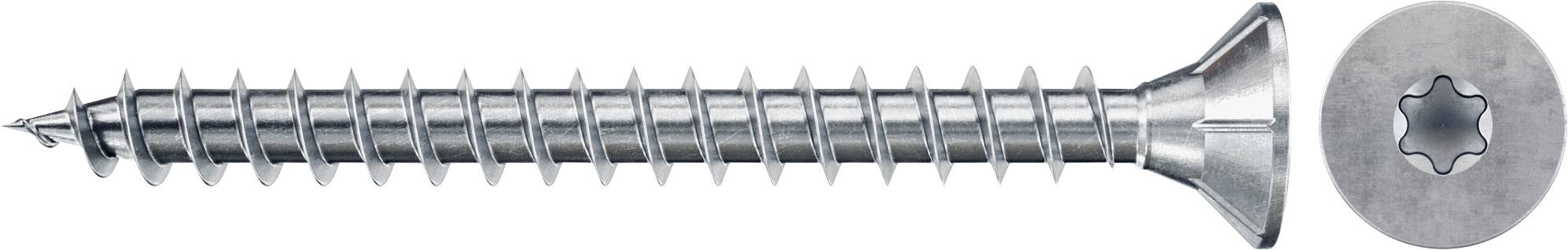 Eine Metallschraube mit sternförmigem Torx-Kopf und flacher Senkkopf-Oberfläche, die zum Einbohren in Oberflächen verwendet wird.
