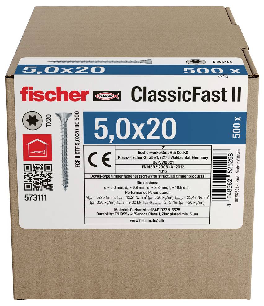 Schachtel Fischer ClassicFast II Holzschrauben, 500 Stück, Größe 5,0x20. Ausstattungsmerkmale sind ein rotes Logo, Produktcode und Zertifizierungen.