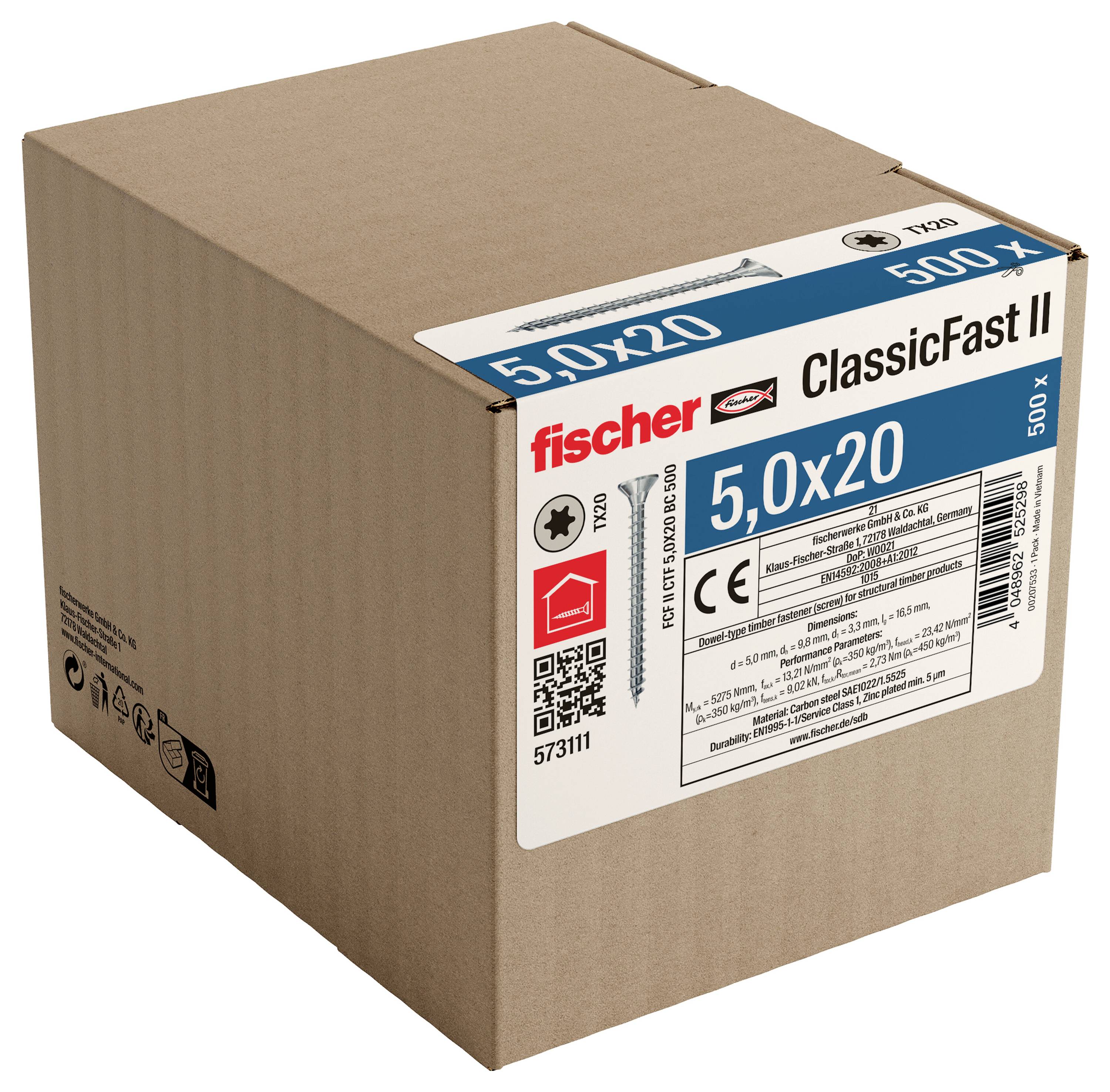 Eine Pappschachtel mit der Aufschrift „fischer ClassicFast II 5,0x20 500x