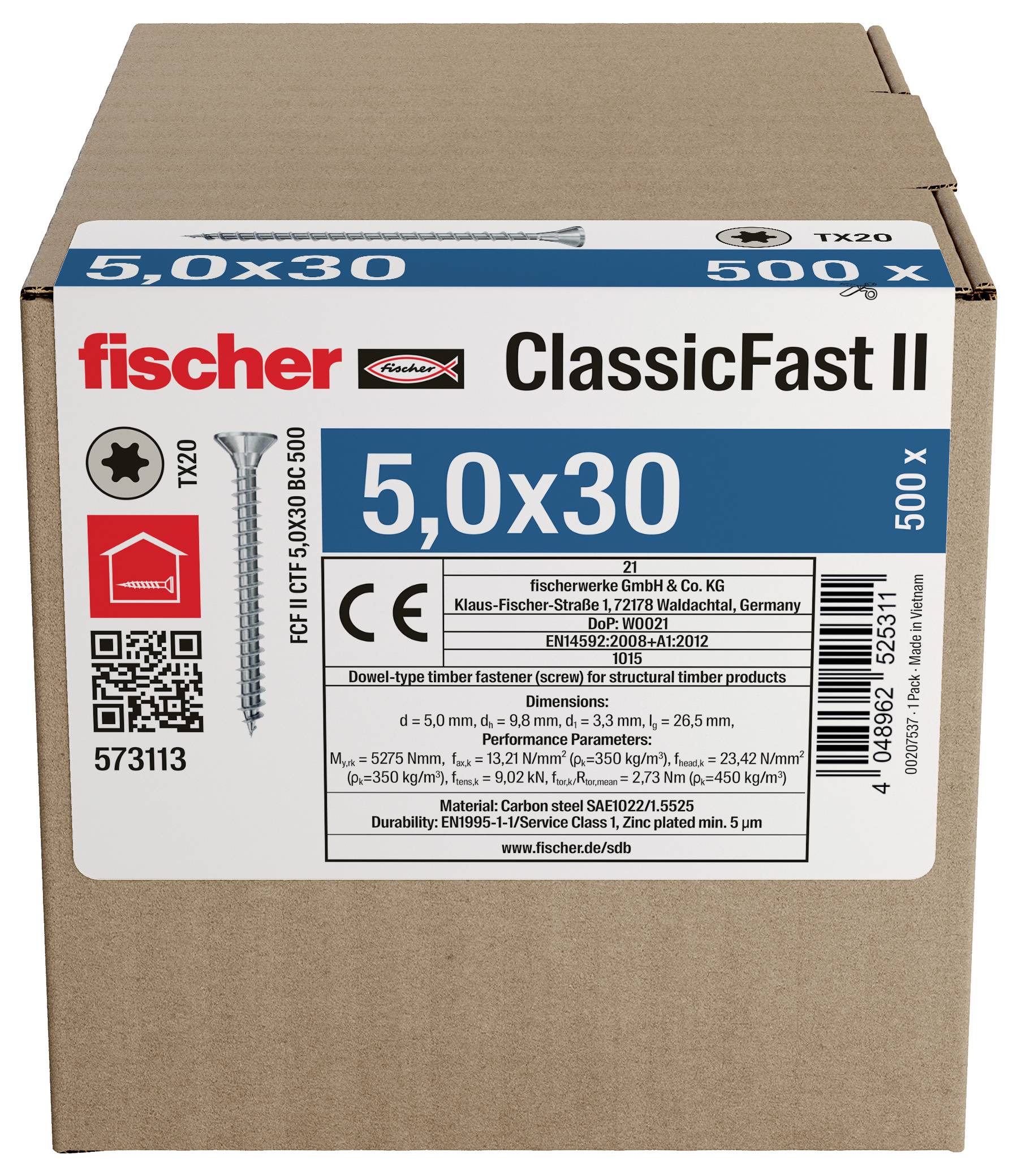Braune Kartonschachtel mit Fischer ClassicFast II Holzschrauben, beschriftet mit 5,0 x 30, 500 Stück, mit Produktdetails und QR-Code auf der Vorderseite.
