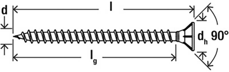 Diagramm einer Schraube mit gekennzeichneten Abmessungen: Gesamtlänge l, Gewindelänge lg, Kopfdurchmesser dh und 90°-Senkkopfwinkel.