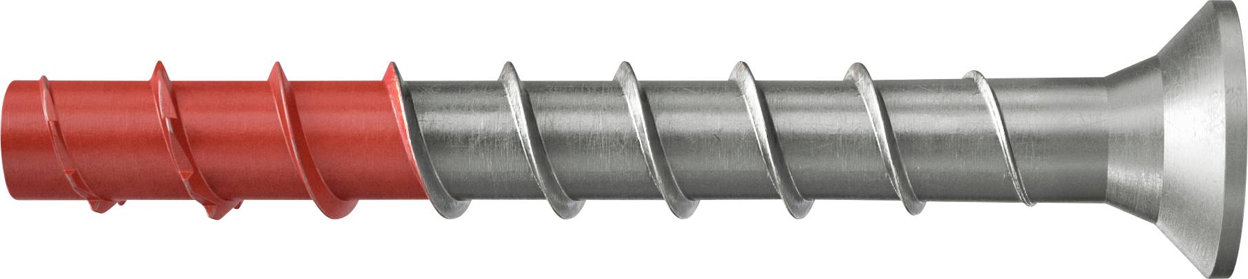 Eine rot und silber gefärbte Metallschraube mit Flachkopf, die ein gewundenes Gewindeluster aufweist.