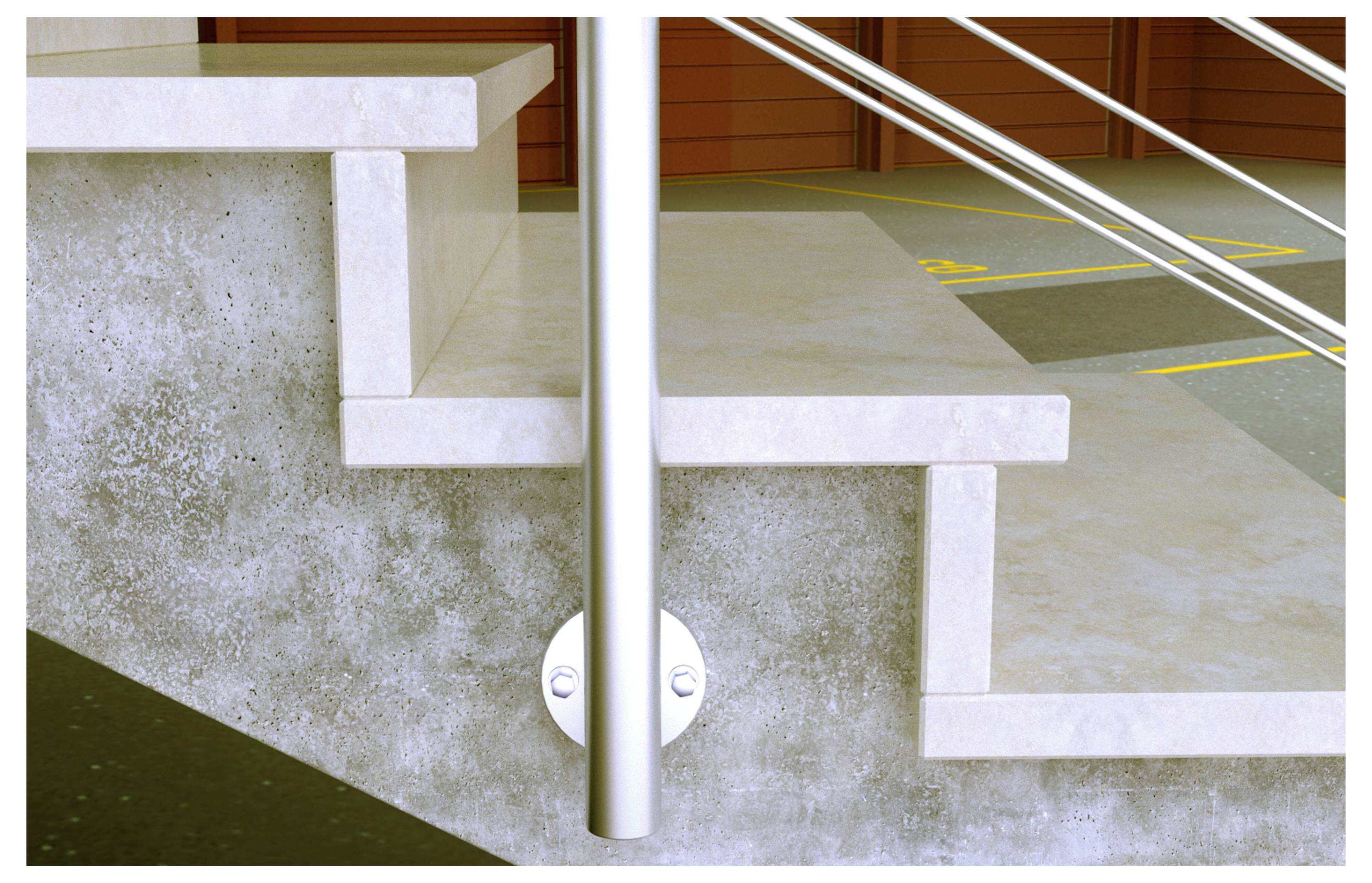 Betontreppe mit Metallgeländer und strukturierter Oberfläche, gelegen in einem Industrieinneren mit sichtbaren Parkplatzmarkierungen im Hintergrund.