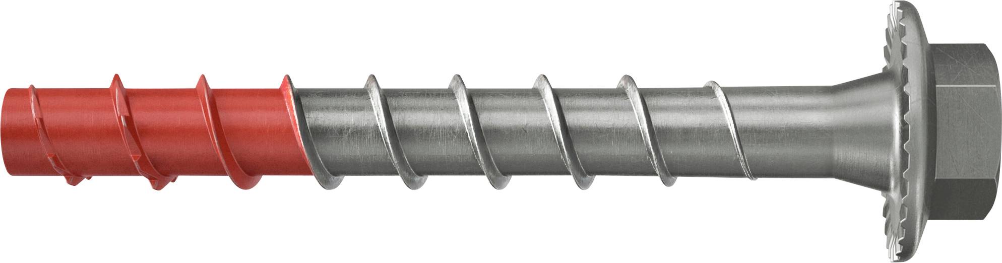 Ein Metallbolzen mit sechskantigem Kopf, mit rotem Gewinde an einem Ende, vor weißem Hintergrund.