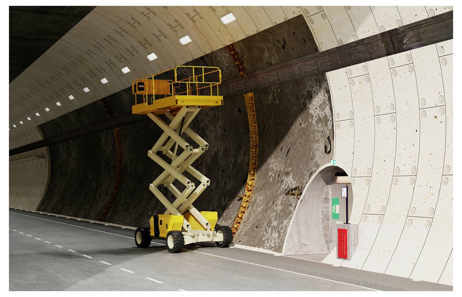 Ein gelber Scherenhubwagen ist in einem Tunnel ausgefahren und befindet sich in der Nähe einer gekrümmten Wand mit einer Wartungstür und Notfallausrüstung.
