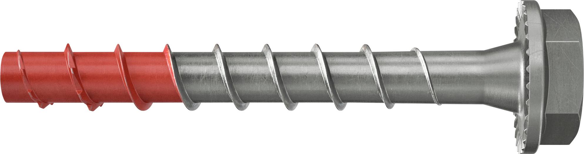 Eine Metallschraube mit grauem sechskantigem Kopf und Spiraalnuten, mit roter Beschichtung an der Spitze, zum Befestigen schwerer Materialien verwendet.