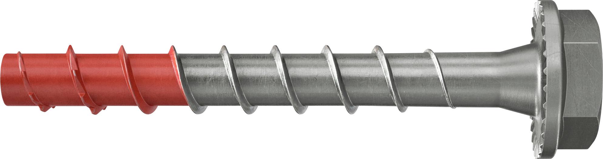 Eine Metallschraube mit sechskantiger Kopfform und einer roten Beschichtung auf den ersten Windungen, wahrscheinlich für verbesserten Halt oder Kennzeichnung.