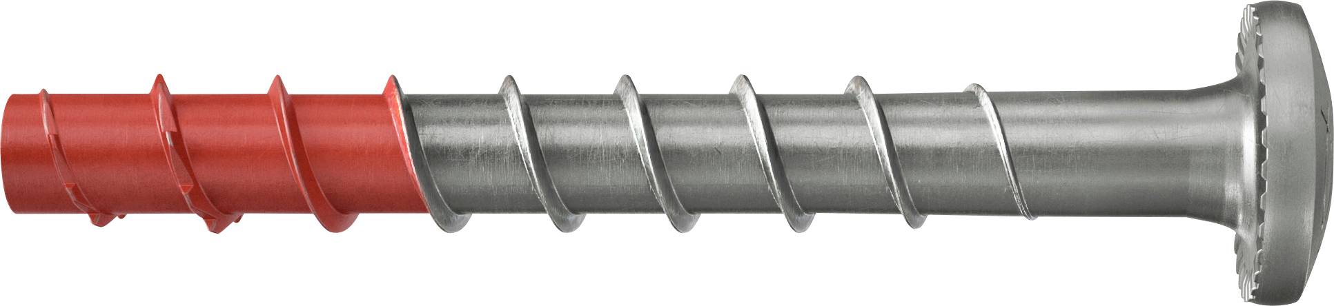 Eine metallische Schraube mit roter Spitze, die für die Befestigung in Mauerwerk oder Beton entwickelt wurde und eine Gewinde-Helix sowie einen flachen kreisförmigen Kopf aufweist.